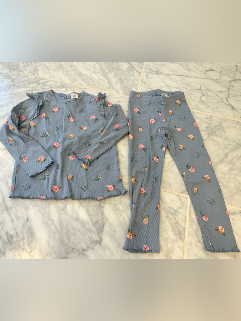 Girls' Blue Floral Ruffle-Trim Ribbed Play Set